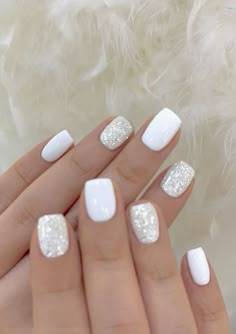 Short Nails For Hoco, Winter Nail Ideas Dip Powder, Nail Ideas For New Years Eve, Snowy Nails White Glitter, White And Silver Nails Short, Christmas Nails White Glitter, White Snowflakes Nails, White Ombre Nails With Design, Sparkle Winter Nails