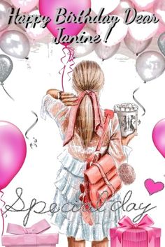 a birthday card with a girl holding a gift box and balloons in the background,