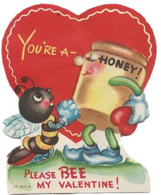 a valentine card with a bee holding a honey jar