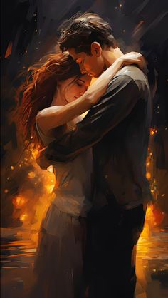 a painting of a couple embracing each other in front of a dark background with flames