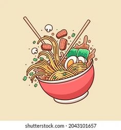 a bowl of noodles with chopsticks in it and an eyeball floating out