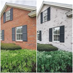 two brick houses with black shutters and green bushes in the front yard, side by side