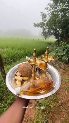 a person is holding a tray with bottles and soaps on it in the middle of a field