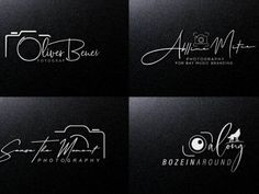 four different logos for photographer and video camera company, all in white on black background