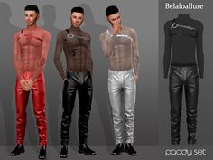 three different poses of men in leather pants and bodysuits