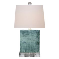 a green lamp with a white shade on it's base and a square light fixture