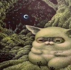 a painting of a cat sitting on top of a lush green forest next to a moon