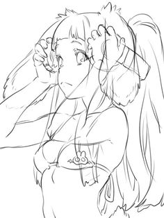 a drawing of a girl with long hair and ponytails, looking to the side