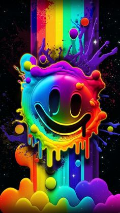 a colorful poster with an image of a smiley face and rainbow paint drips on it