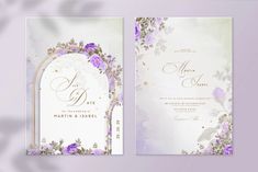 the wedding card is decorated with purple flowers