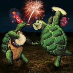 two tortoises are dancing with fireworks in the background and one is holding a beer