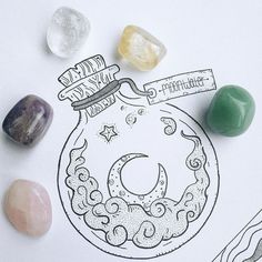 Witchy Drawings Easy, Moon Potion Tattoo, Moon And Crystals Drawing, Spell Jar Drawing, Spell Jar Tattoo, Full Moon Doodle, Witchy Doodles, Cleanse Crystals