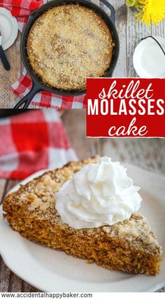 a slice of skillet molasse cake with whipped cream on top