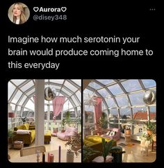 the inside of a house that has been decorated with pink curtains and furniture in it