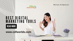 a woman sitting at a desk with her hands up in front of her laptop and the words best digital marketing tools