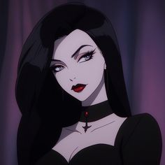 an animated image of a woman with dark hair and blue eyes wearing a choker