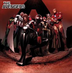 the avengerss are standing in front of an iron man