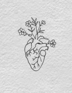 a drawing of a human heart with flowers on it's left side and the inside of its right hand