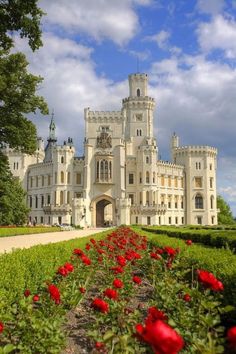 a castle with red flowers in the foreground and green bushes on either side, against a blue sky with white clouds