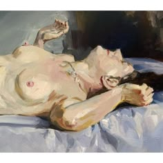 a painting of a nude woman laying on a bed with her hands in her hair