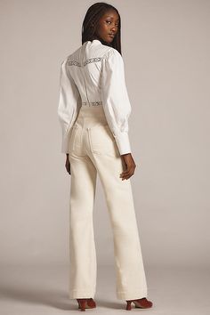 Denim, decoded: We’re digging denim in every corner of our closet. The ASKK NY Brighton Jeans offer a high-rise and wide-leg with frayed hem details. | Brighton Corduroy High-Rise Wide-Leg Jeans by ASKK NY in White, Women's, Size: 27, Cotton/Polyurethane at Anthropologie Leg Machines, High Rise Wide Leg Jeans, 50 Fashion, Wide Leg Jeans, Brighton, Leg Jeans, White Jeans, Anthropologie, Wide Leg