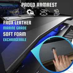 an electronic keyboard with the words fax leather marine grade soft foam exhangable