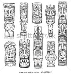 totems in different styles and designs on a white background, hand drawn illustration