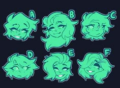 the character sheet for an animation game, with different expressions and head shapes in green