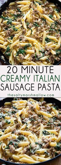 two images of creamy italian sausage pasta in a skillet