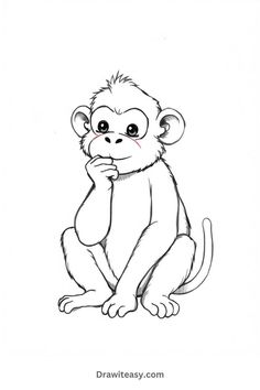 A sketch of a monkey sitting with one hand on its chin, appearing to be deep in thought. Drawing Of A Monkey, Monkey Drawing Easy, Monkey Sitting