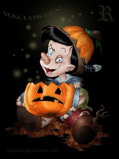 a cartoon character holding a jack o lantern