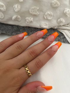 Pink And Orange French Tip Nails Square, Baddie Vacation Nails, Orange And Pink French Tip Nails, Square Orange Nails, Orange Nail Tips, Pink And Orange French Tip, Orange Prom Nails, Orange Tip Nails