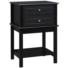 a black night stand with two drawers and one drawer on the bottom, in front of a white background