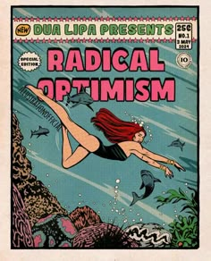 an old comic book cover with a woman diving in the water and sharks around her