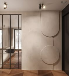 the interior of a modern apartment with wood flooring