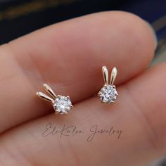 Cute bunny ear stud earrings made in 14k gold. Made to Order Ship within 3-4 weeks - Stone info: moissanite - The earrings come with 14K gold backings. - Made in 14 karat gold.- Stamp with 14k. Bunny Earrings, Bunny Ear, Ear Studs, Cute Bunny, Diamond Jewelry, Handmade Jewelry, Yellow Gold, Stud Earrings, Stone