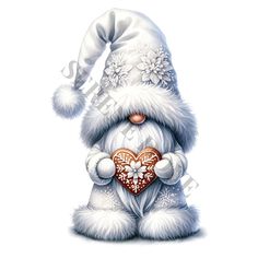 a painting of a santa claus holding a heart with snowflakes on his hat