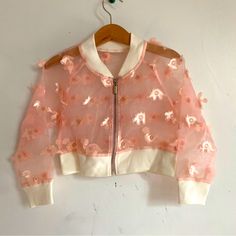 Organza Bomber Jacket With 3d Dino Appliqus Brand New- Never Worn! Cute Fitted Summer Outerwear, Cute Spring Outerwear, Cute Spring Outerwear For School, Hooded Outerwear For Spring Playwear, Pink Outerwear For Playwear In Fall, Pink Long Sleeve Outerwear For Playwear, Pink Outerwear For Fall Playwear, Pink Fall Outerwear For Playwear, Pink Long Sleeve Outerwear For Play