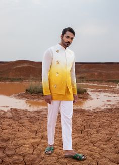 By Runit Gupta Lotus Motifs, Lotus Motif, Kurta Set For Men, Yellow Ombre, Nehru Jackets, Silk Pants, Kurta Set, Pants Pattern