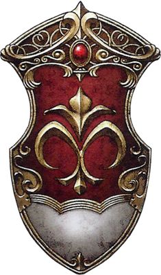 a red and gold shield with an ornate design