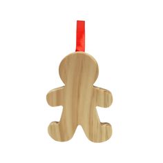 a wooden ornament with a red ribbon hanging from it's side on a white background