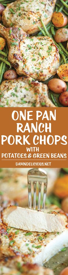 one pan pork chops with potatoes and green beans is shown on the cover of this cookbook