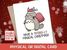 a christmas card with an image of a totoro wearing a santa claus hat