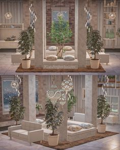 two pictures of a living room with couches and potted plants