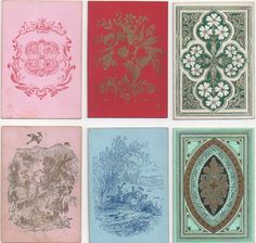 six different colored cards with designs on them, each featuring flowers and animals in ornate frames