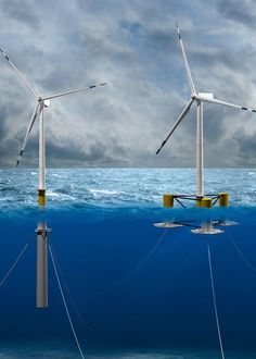 three wind turbines floating in the ocean with cloudy skies above them and water below it