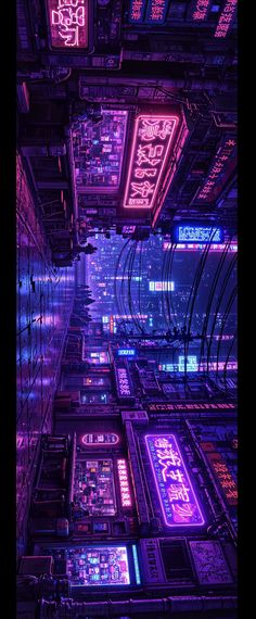 the interior of a building with neon lights