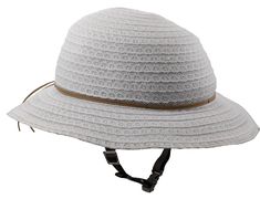 a white hat with a brown ribbon around the brim