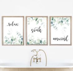 three bathroom wall art prints with the words relax, soak, unwind and relax