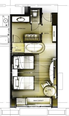 the floor plan for a small apartment with two beds and a bathroom in one room